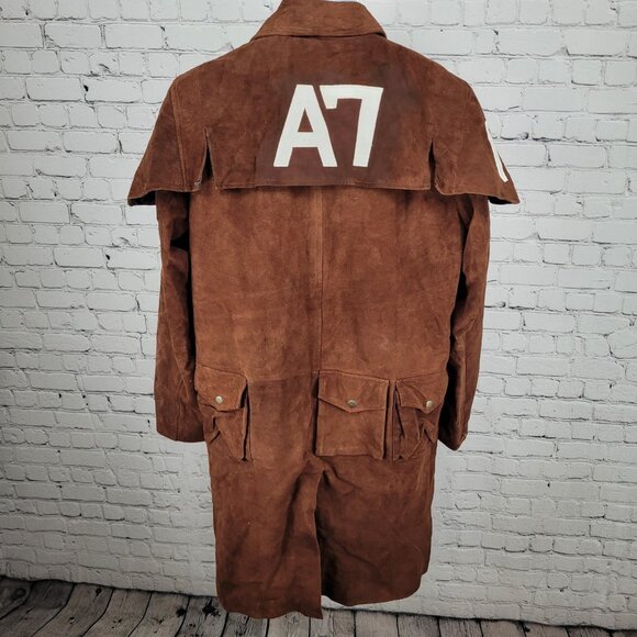 Real Leather A7 Brown Genuine Soft Suede Open Ranger Trench Coat Duster Large L - Picture 1 of 16